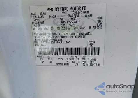 2005 Ford F-150 Lariat/Xlt z USA, uszkodzony, nr VIN 1FTPW12535KF11600